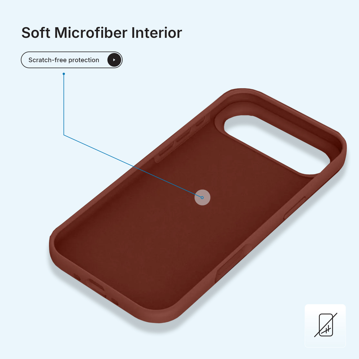 Une coque de téléphone marron avec intérieur doux. Le texte indique 'Soft Microfiber Interior' et 'Scratch-free protection'. Des lignes bleues pointent vers la coque.