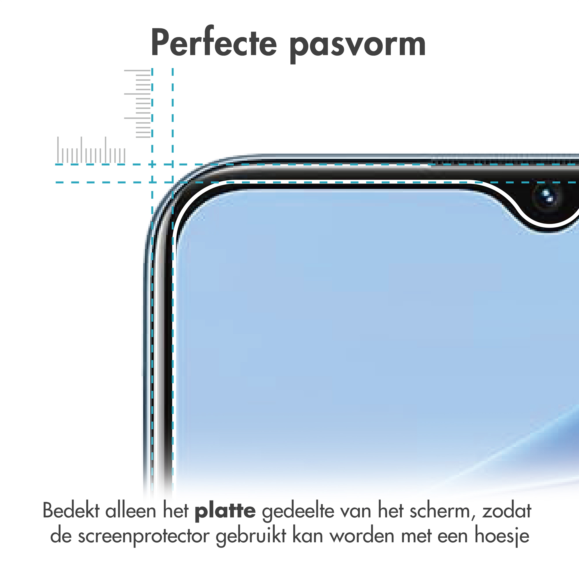 Telefoonschermbeschermer, met tekst 'Perfecte pasvorm'. Illustratie toont schermdekking en rand van telefoon.