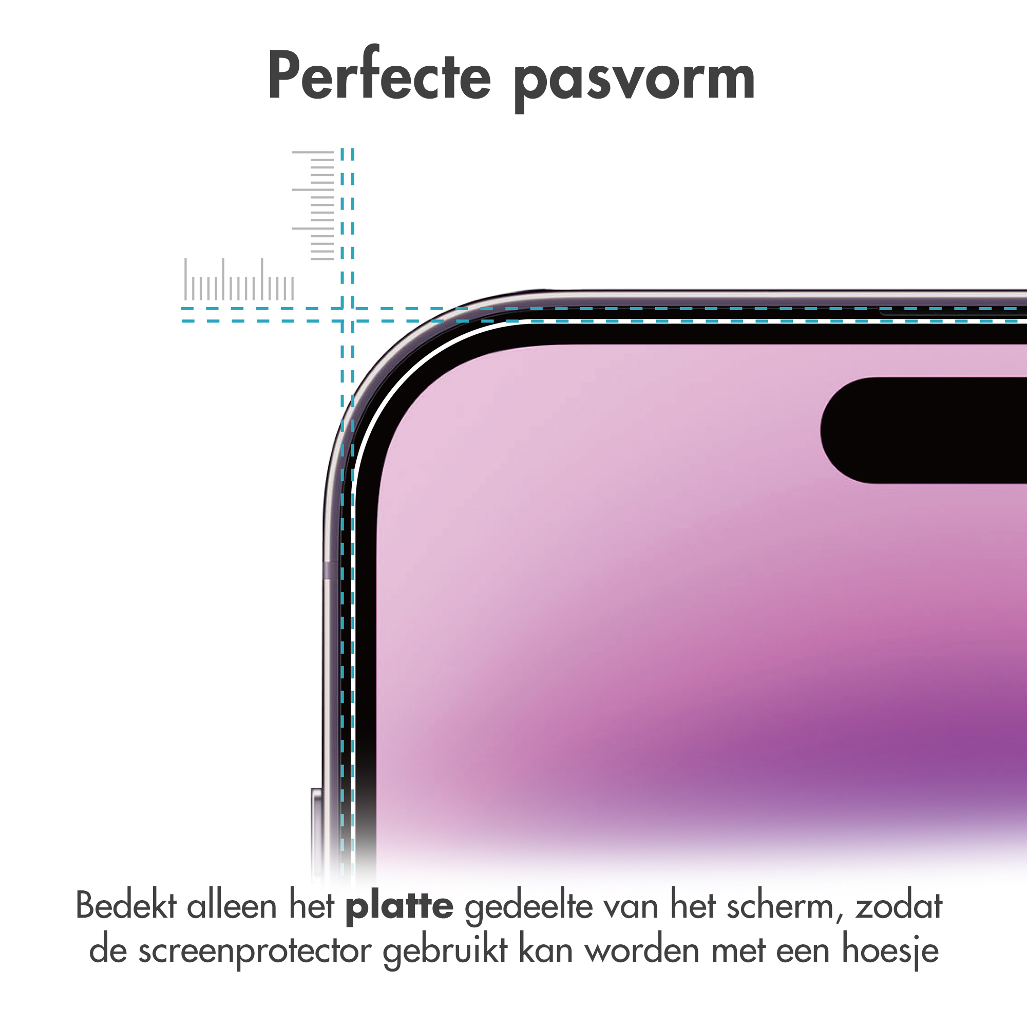 Un protecteur d'écran de téléphone est montré avec un ajustement parfait. Le texte dans l'image dit 'Ajustement parfait' et 'ne couvre que la partie plate'.
