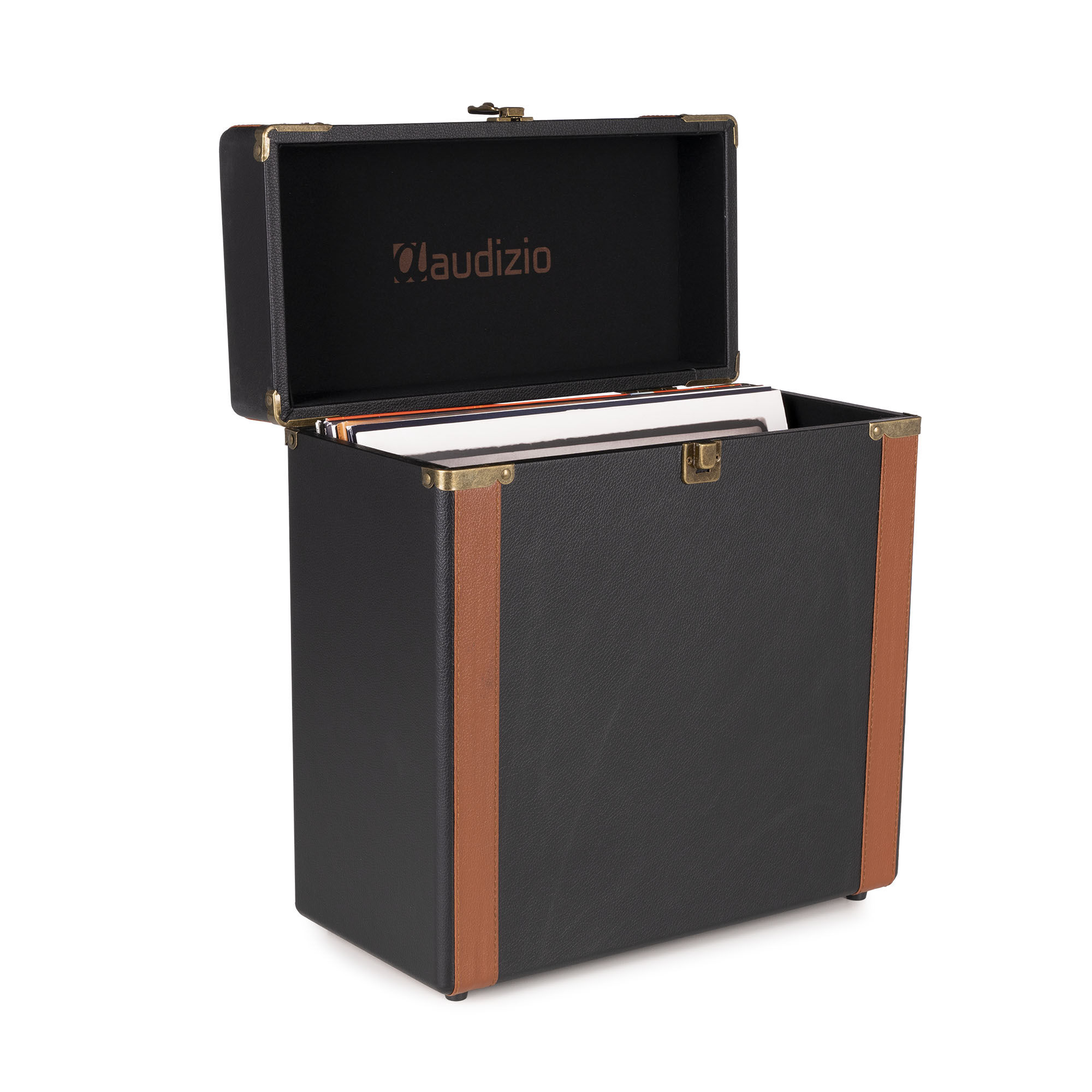 Una caja de almacenamiento de discos de vinilo negra y marrón, abierta con discos dentro. La marca es visible.