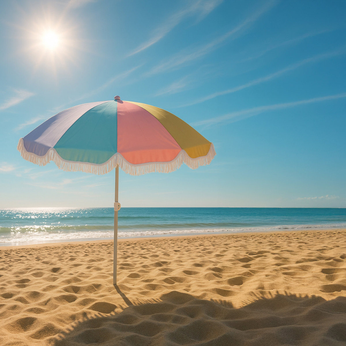 Een kleurrijke parasol op een zandstrand onder een heldere zon. De oceaan en blauwe lucht vormen de achtergrond.