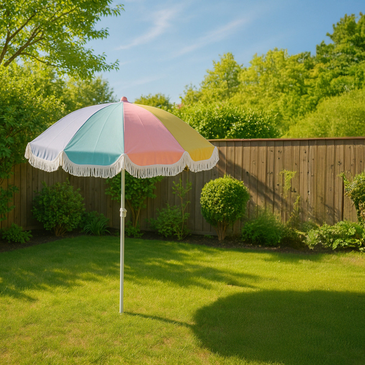 Een kleurrijke parasol in een zonnige tuin. Groen gras, bomen en een houten hek op de achtergrond. De lucht is blauw.