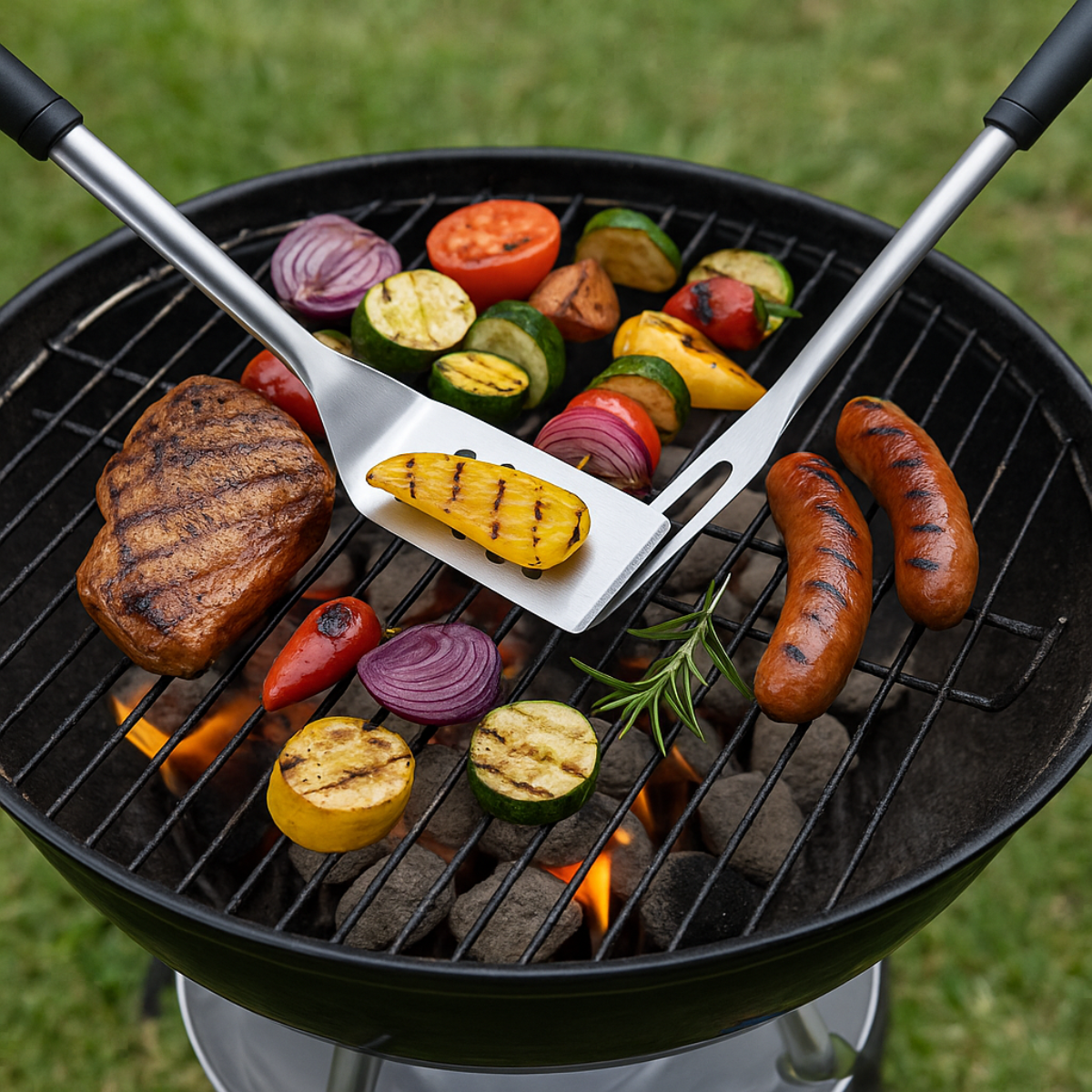 Grill with steak, sausages, and vegetables. Tongs hold a yellow squash. Flames rise from charcoal. Green grass is in the background.