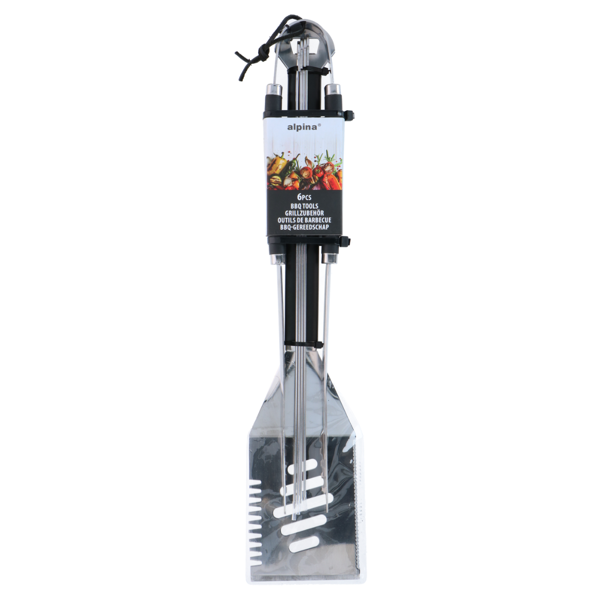 A set of BBQ tools, including a spatula, tongs, and other utensils, packaged together. The packaging has food images.
