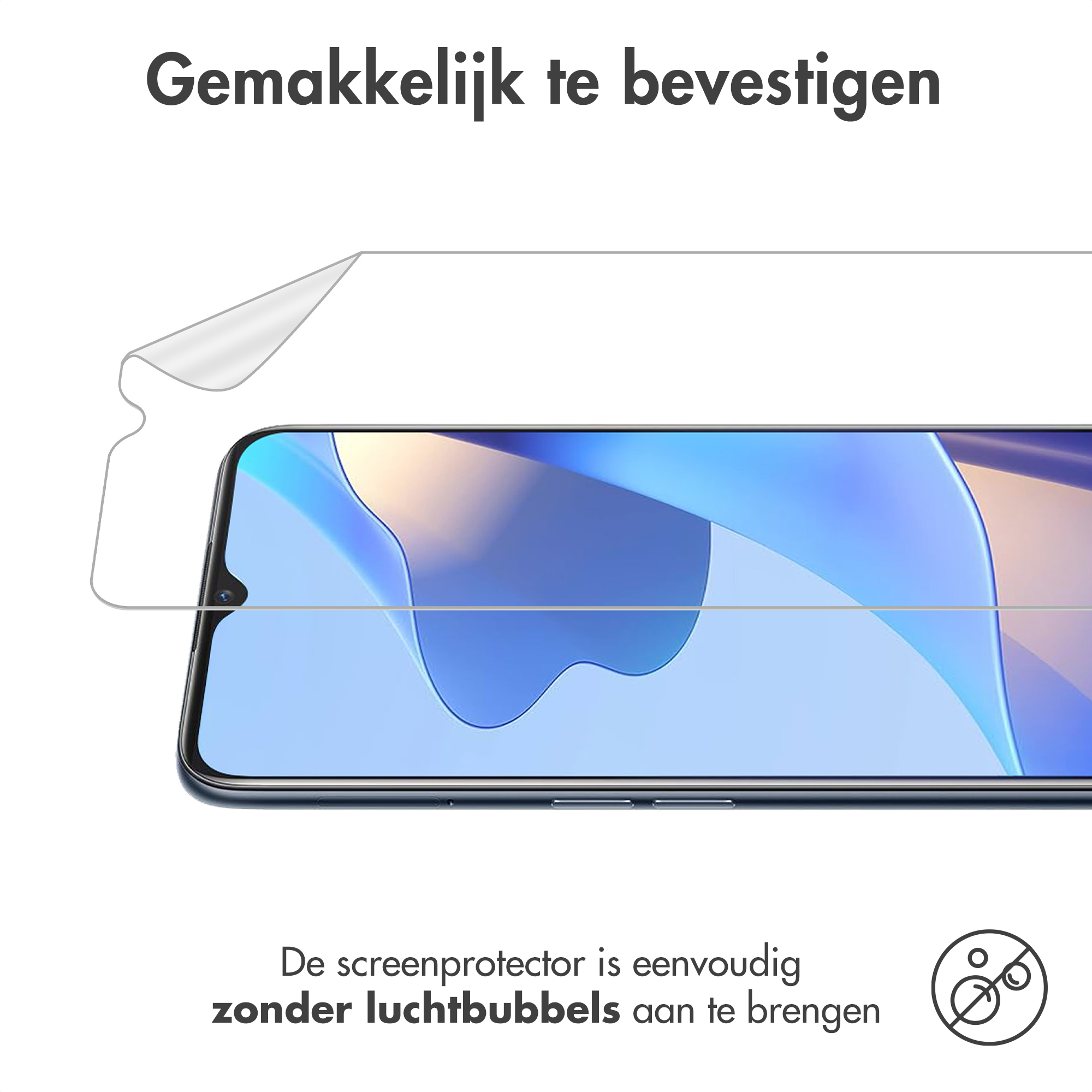 Telefoonscherm met aangebrachte beschermer. Tekst: 'Eenvoudig te installeren' en 'zonder luchtbellen'.