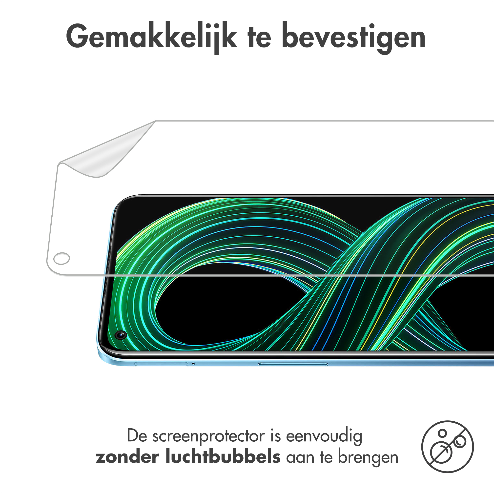 Un téléphone avec un protecteur d'écran appliqué. Texte néerlandais : 'Facile à installer, sans bulles d'air'.