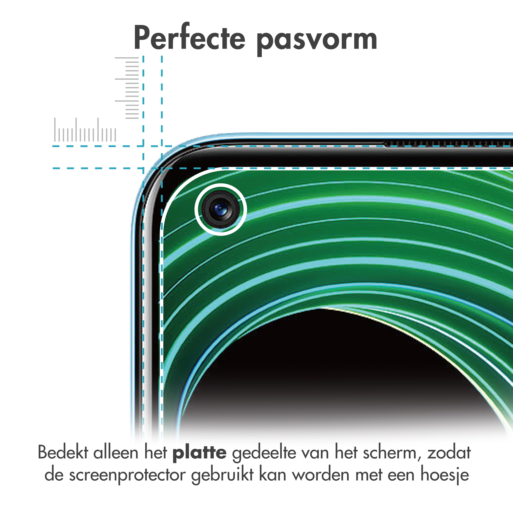 Un protecteur d'écran de téléphone avec objectif d'appareil photo. Fond vert et noir. Texte néerlandais. Texte descriptif.