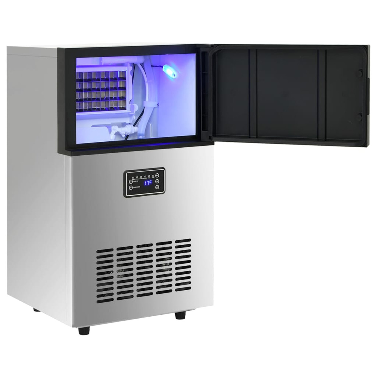 Maszyna do lodu ze stali nierdzewnej z otwartymi drzwiami. Wnętrze jest oświetlone niebieskim światłem. Cyfrowy wyświetlacz pokazuje temperaturę.