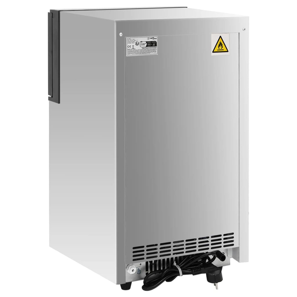 Widok z tyłu srebrnej lodówki ze znakiem ostrzegawczym. Ma otwory wentylacyjne na dole i przewód zasilający. Lewa górna część ma czarną część.