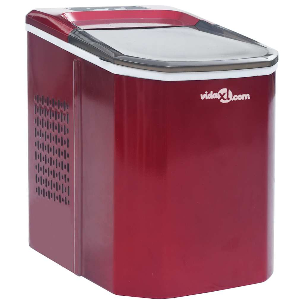 Una máquina de hacer hielo roja con tapa transparente. Tiene el logotipo de vidaXL en el lateral. La parte superior es negra y blanca. Tiene rejillas de ventilación.