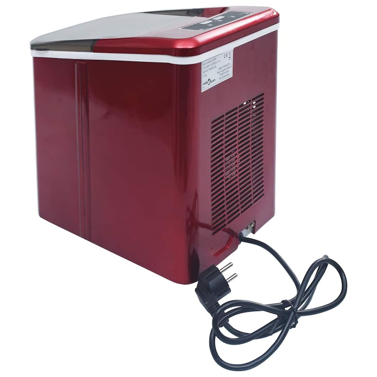 Una máquina de hielo roja y plateada. Tiene un cable de alimentación y un enchufe negros. La parte trasera tiene ventilación y una etiqueta.