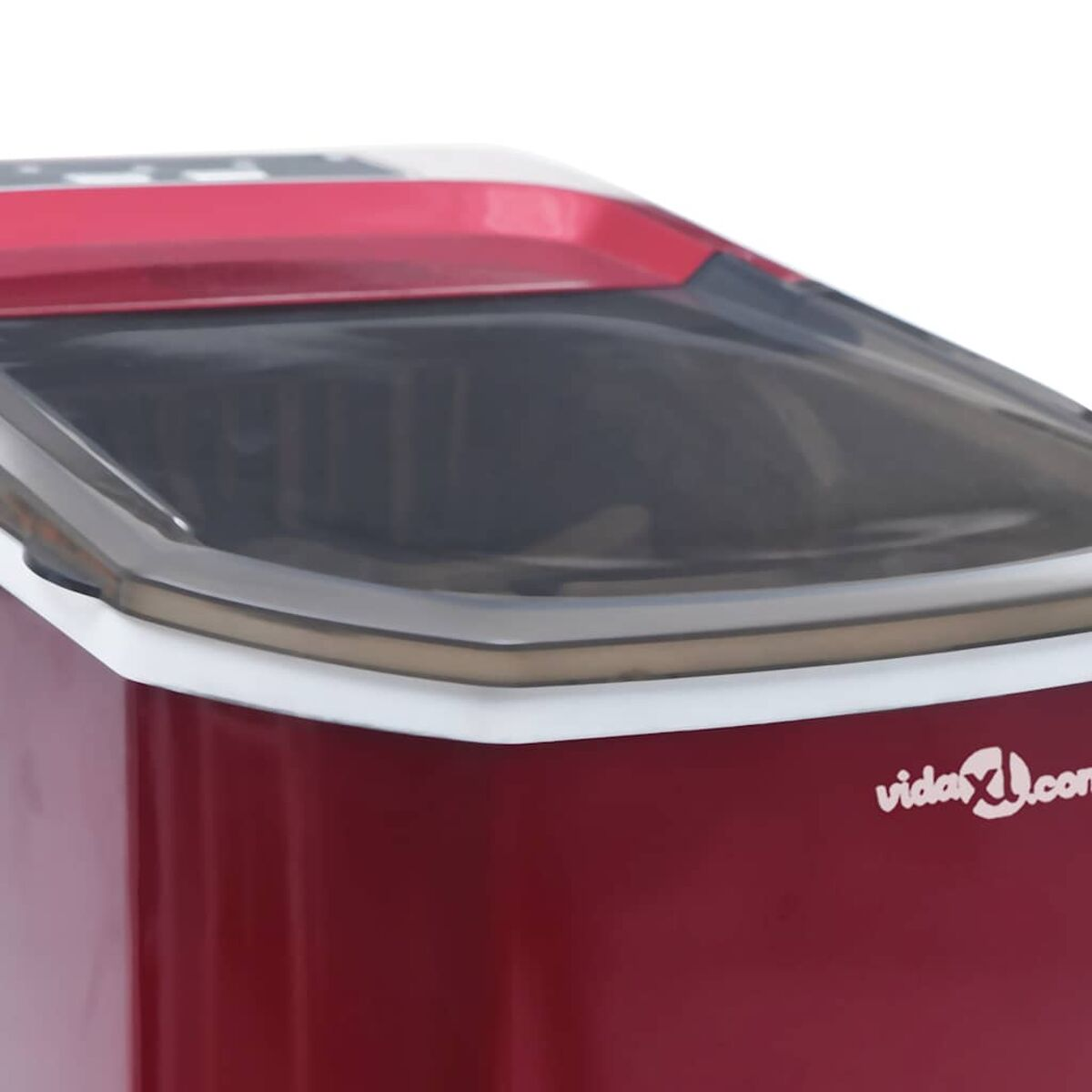 Máquina de hielo roja con tapa transparente y borde blanco. Visible la marca 'vidasXL.com'.