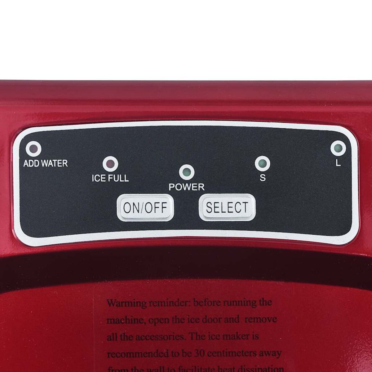 Panel de control rojo de la máquina de hielo con luces indicadoras para agregar agua, hielo lleno, encendido y botones. Texto: 'Warming reminder'.