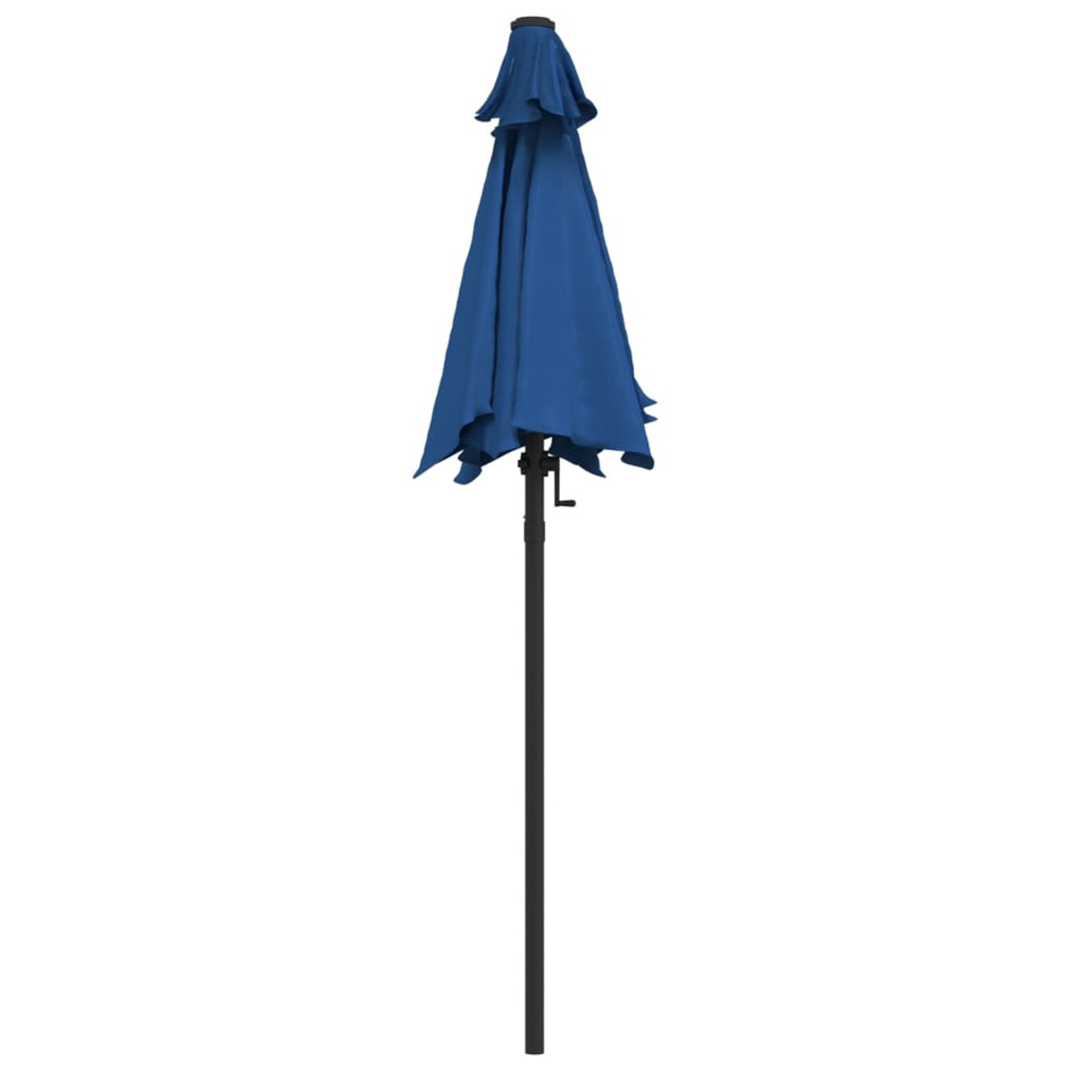 Un ombrellone blu chiuso. Ha un palo nero e il tessuto dell'ombrellone è blu scuro. Lo sfondo è bianco.