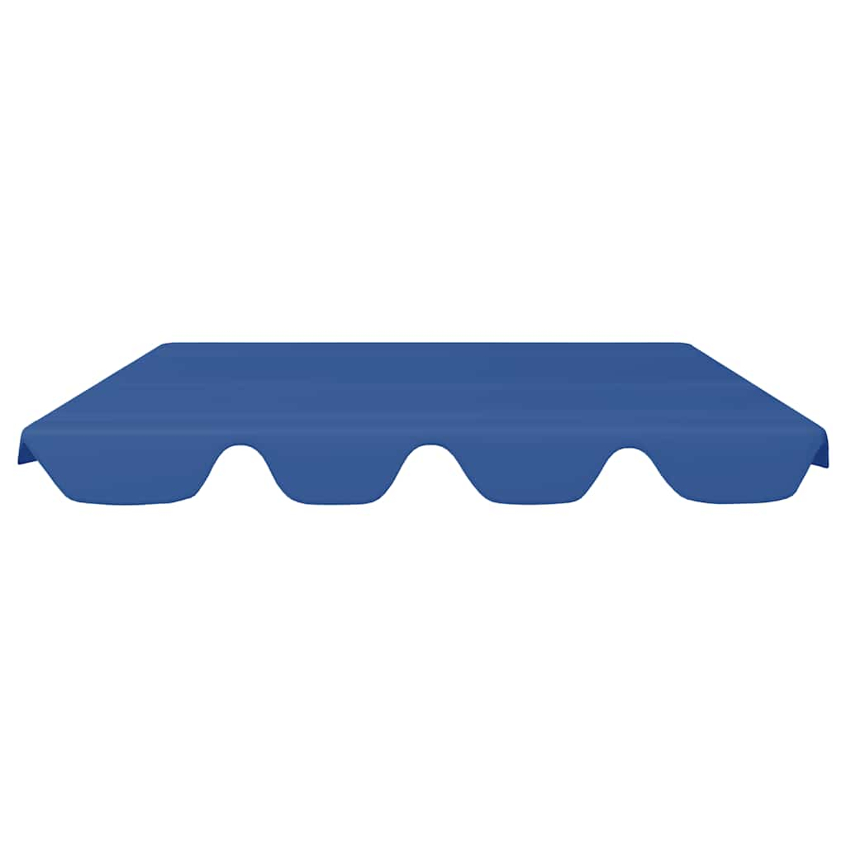 Una tenda da sole blu con bordo inferiore ondulato è centrata su sfondo bianco. La tenda da sole sembra essere fatta di un materiale solido.