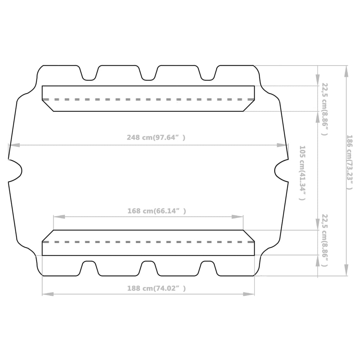 Diagramma con dimensioni di un oggetto sagomato: 248 cm, 168 cm, 188 cm, 186 cm, 22,5 cm e 105 cm. Linee nere su bianco.