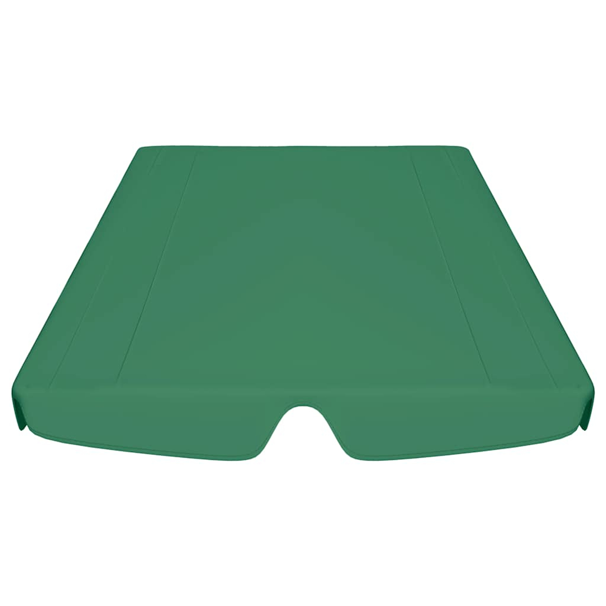 Una tenda da sole verde e rettangolare con un ritaglio curvo nella parte inferiore. La tenda da sole è isolata su sfondo bianco.