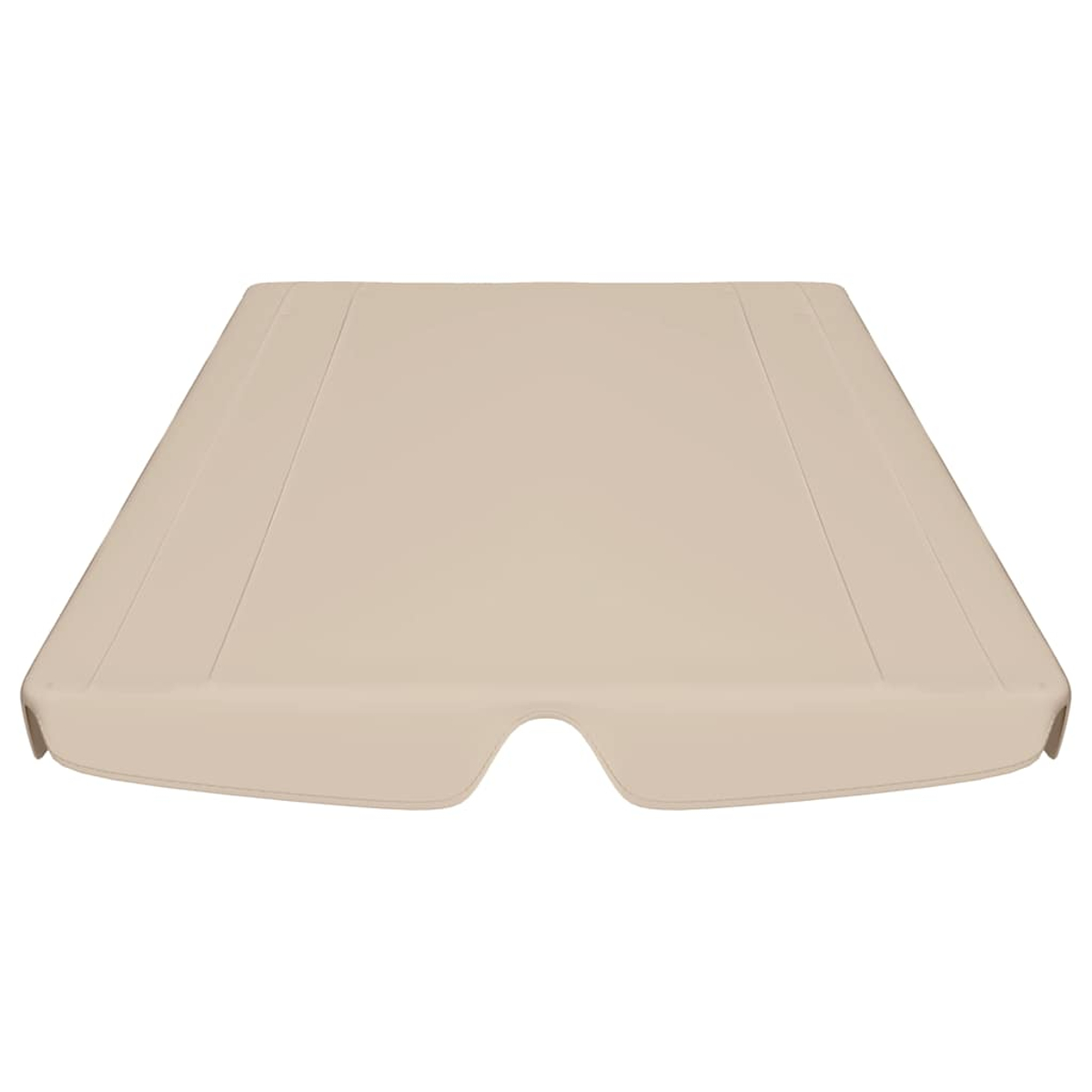 Un oggetto rettangolare beige con bordo inferiore curvo e un ritaglio al centro. Lo sfondo è bianco.