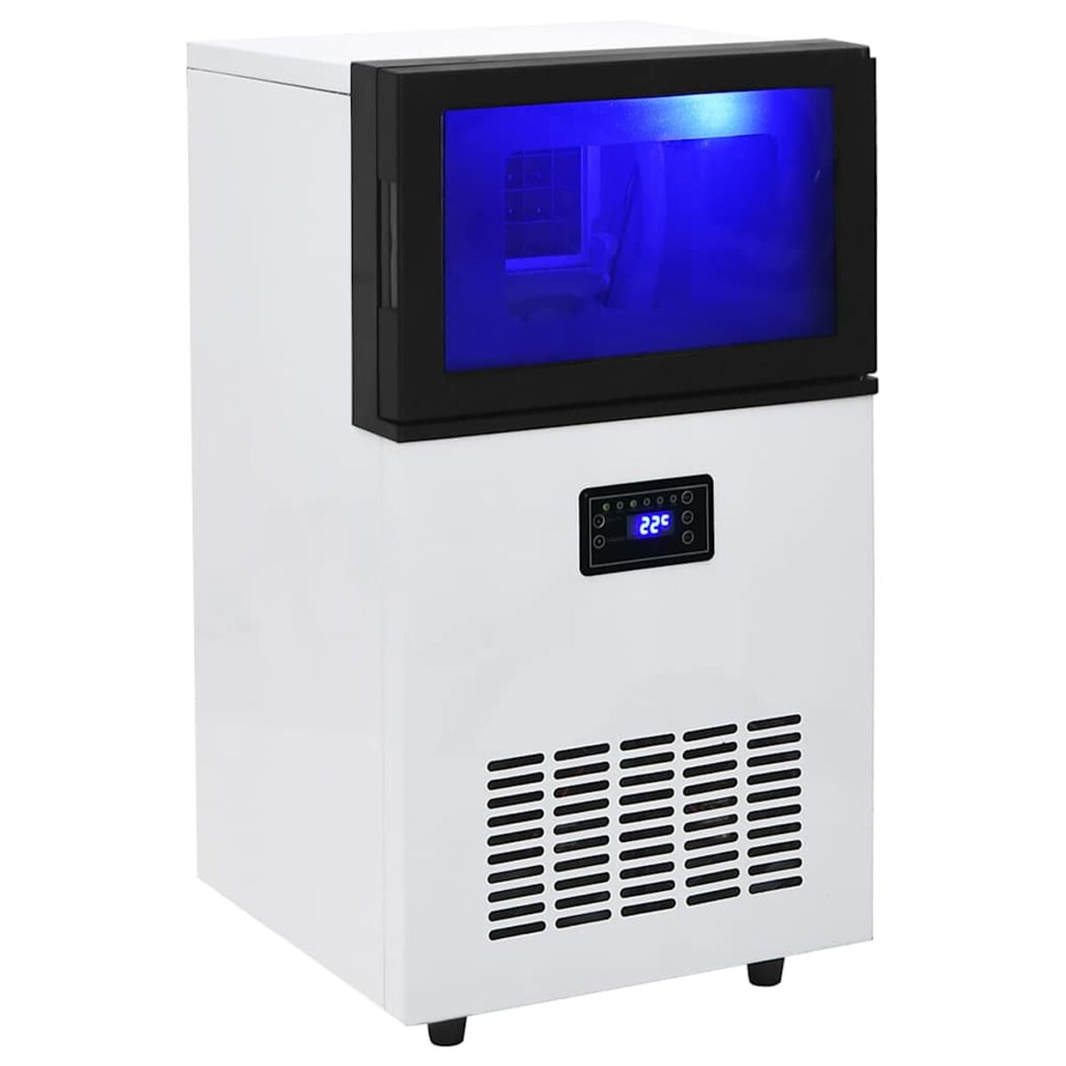 Una macchina per il ghiaccio bianca con una porta con cornice nera e illuminata di blu. Ha un display digitale che mostra 22. Le prese d'aria orizzontali sono in basso.