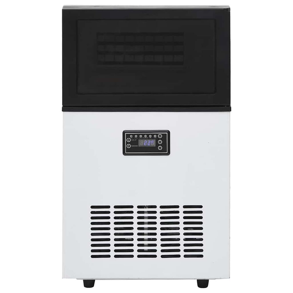 Una macchina per il ghiaccio bianca con parte superiore nera. Ha un display digitale e prese d'aria. La macchina è su sfondo bianco.