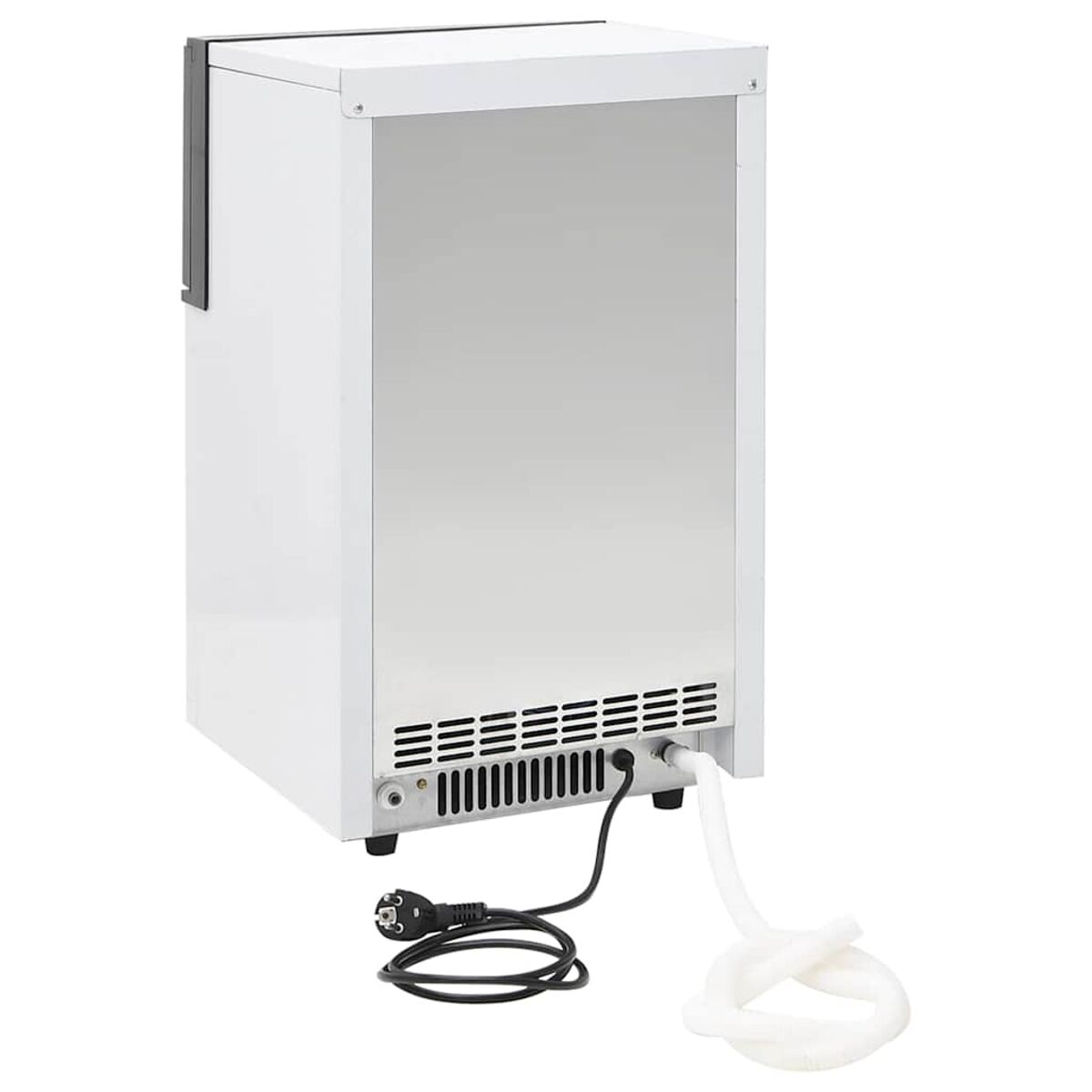 Un frigorifero bianco con frontalino in acciaio inossidabile. Un cavo di alimentazione nero e un tubo bianco sono collegati sul retro.
