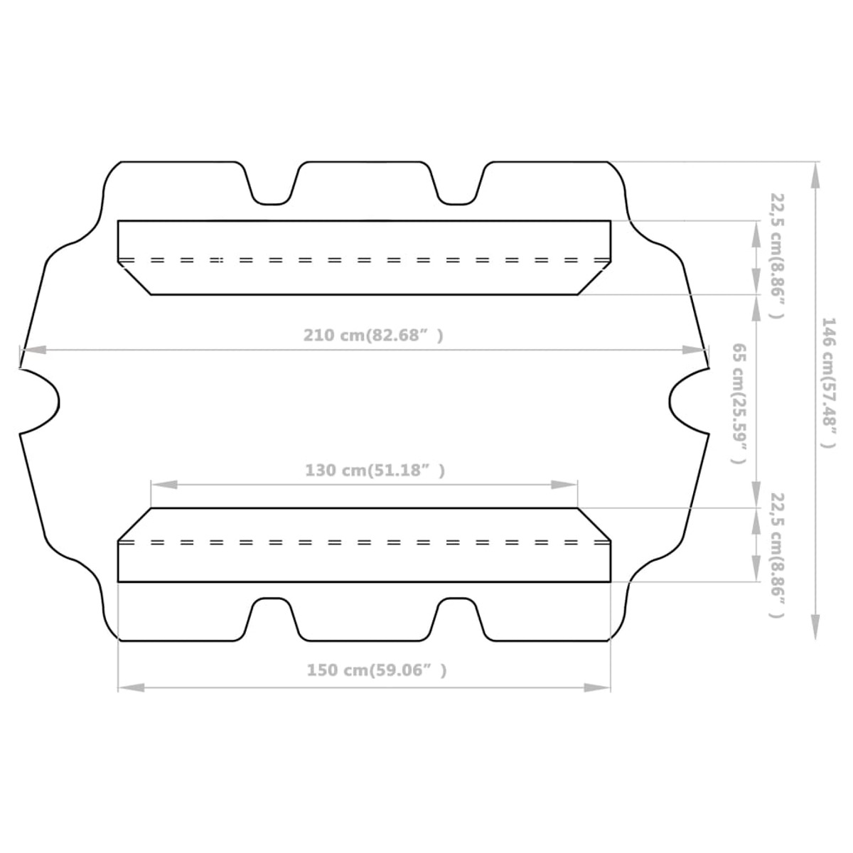 Diagramma di una forma nera con misure e due forme rettangolari all'interno. Le misure sono in cm e pollici.