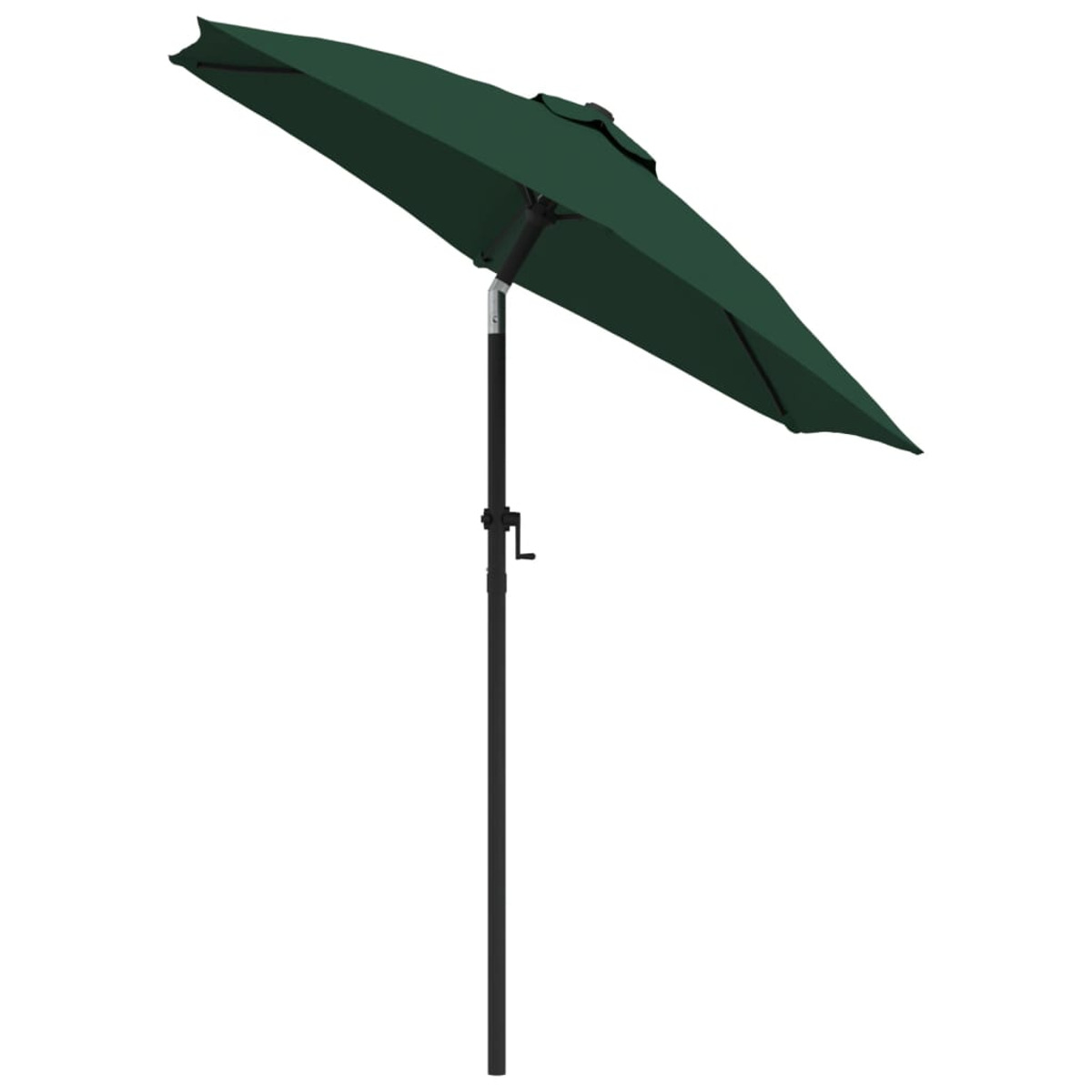 Un ombrellone verde è aperto. Il palo è nero. Lo sfondo è bianco.