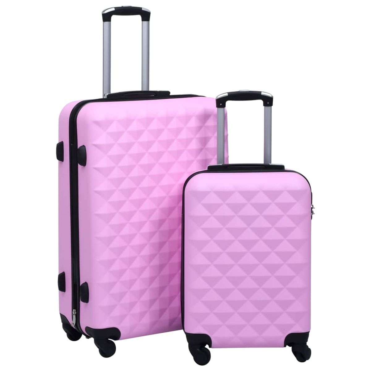Due valigie rosa con motivi geometrici. Quella più grande ha una maniglia estensibile. Entrambe su sfondo bianco.