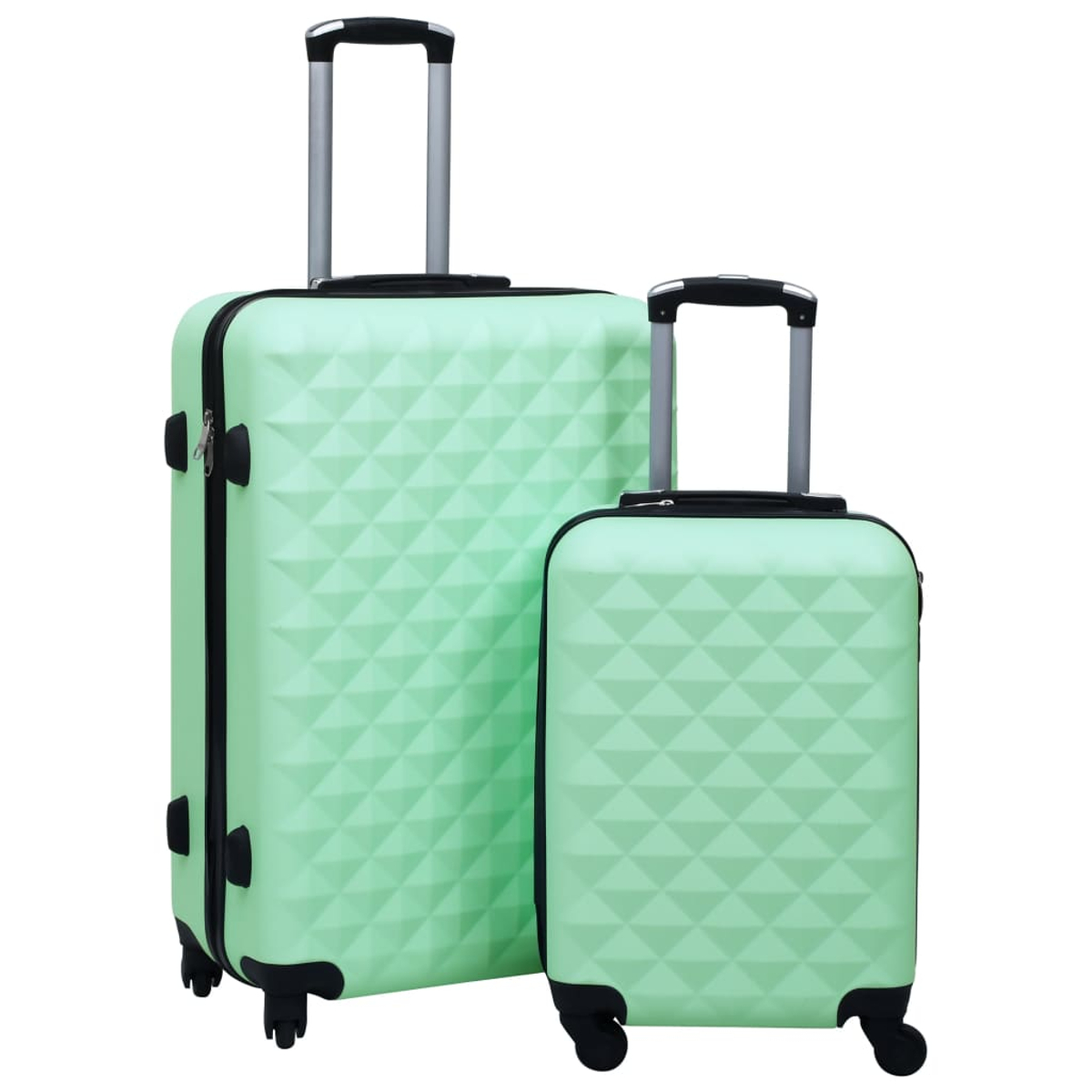 Due valigie verde menta, una grande e una piccola, con motivi a diamante, dettagli neri e maniglie retrattili, su sfondo bianco.