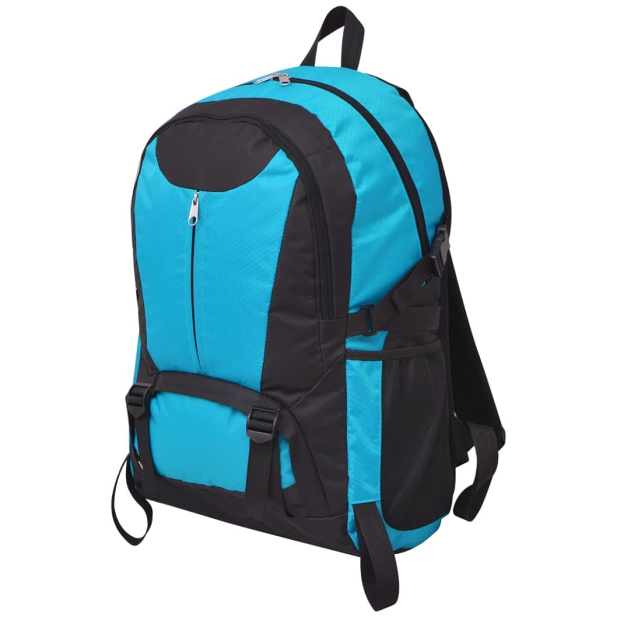 Ein blau-schwarzer Rucksack mit mehreren Fächern und Gurten. Er hat einen Reißverschluss und einen Griff oben. Der Hintergrund ist weiß.