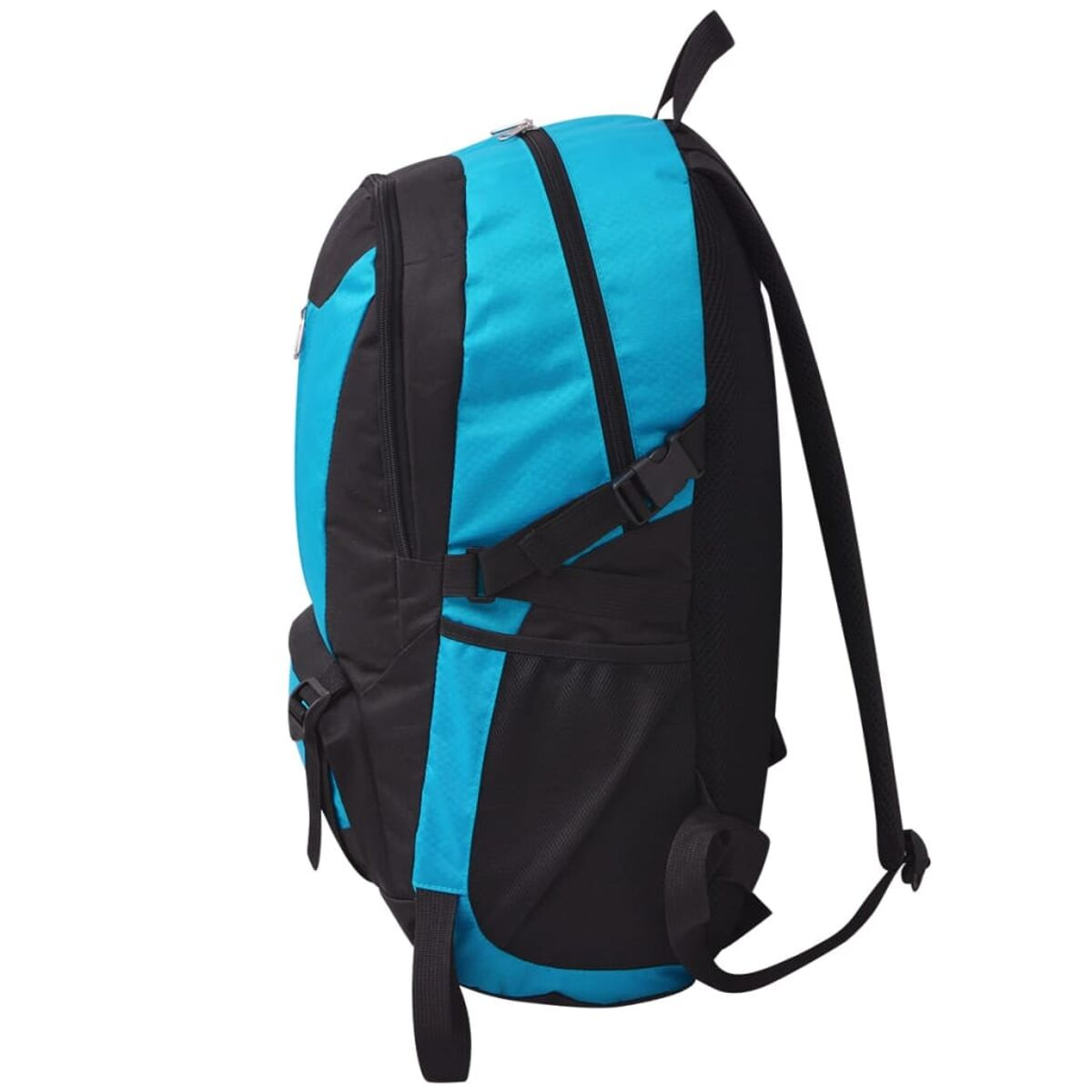 Seitenansicht eines Rucksacks. Er ist blau und schwarz, mit mehreren Fächern, Riemen und einem Griff.