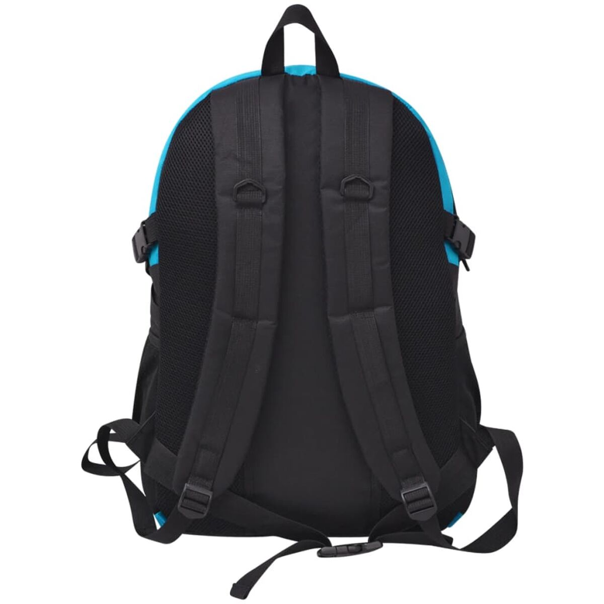 Schwarzer Rucksack mit blauen Akzenten. Mit Schultergurten, Mesh-Rücken und einem oberen Griff. Schnallen und verstellbare Träger sind sichtbar.