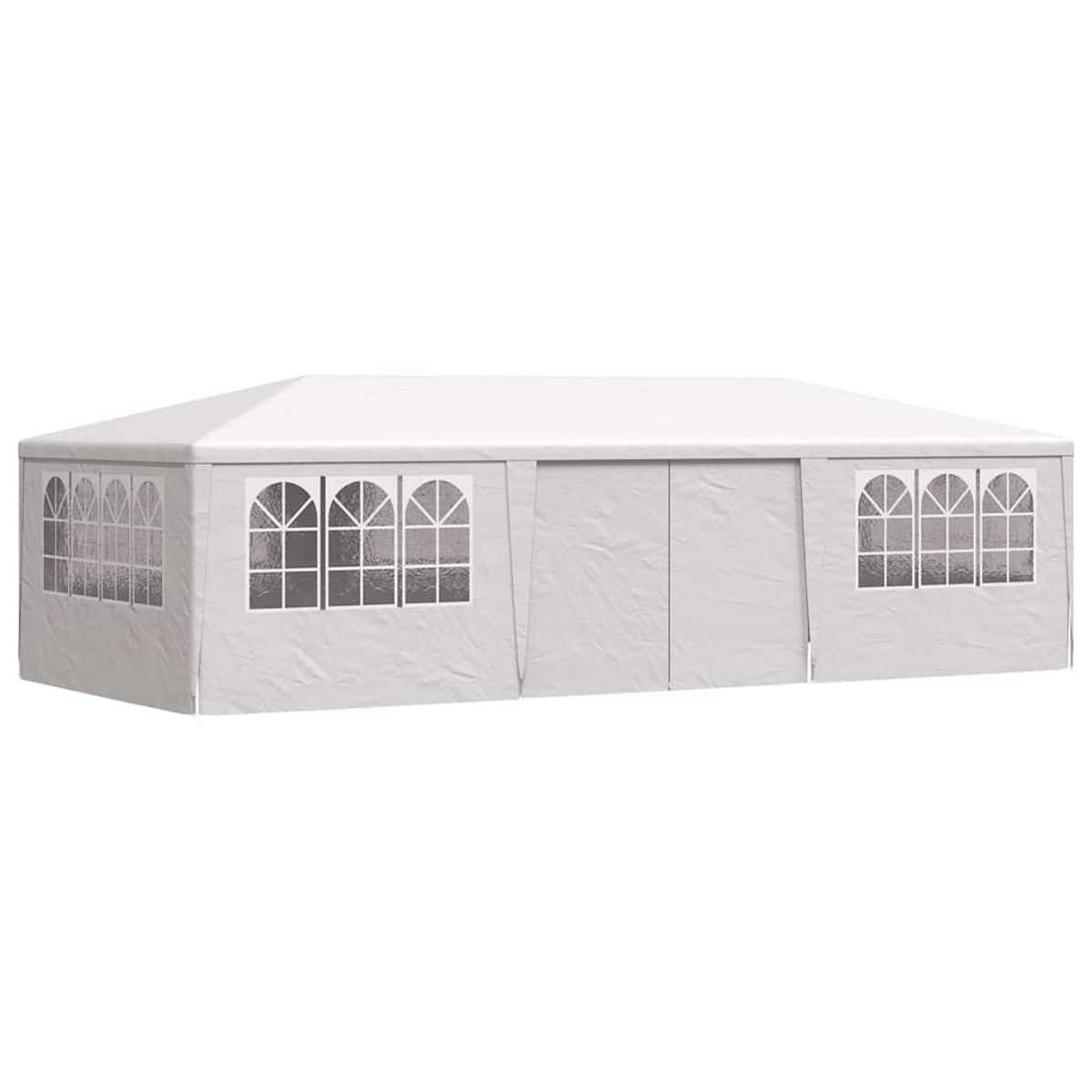Una carpa rectangular blanca con múltiples ventanas arqueadas y paneles. El fondo es blanco.