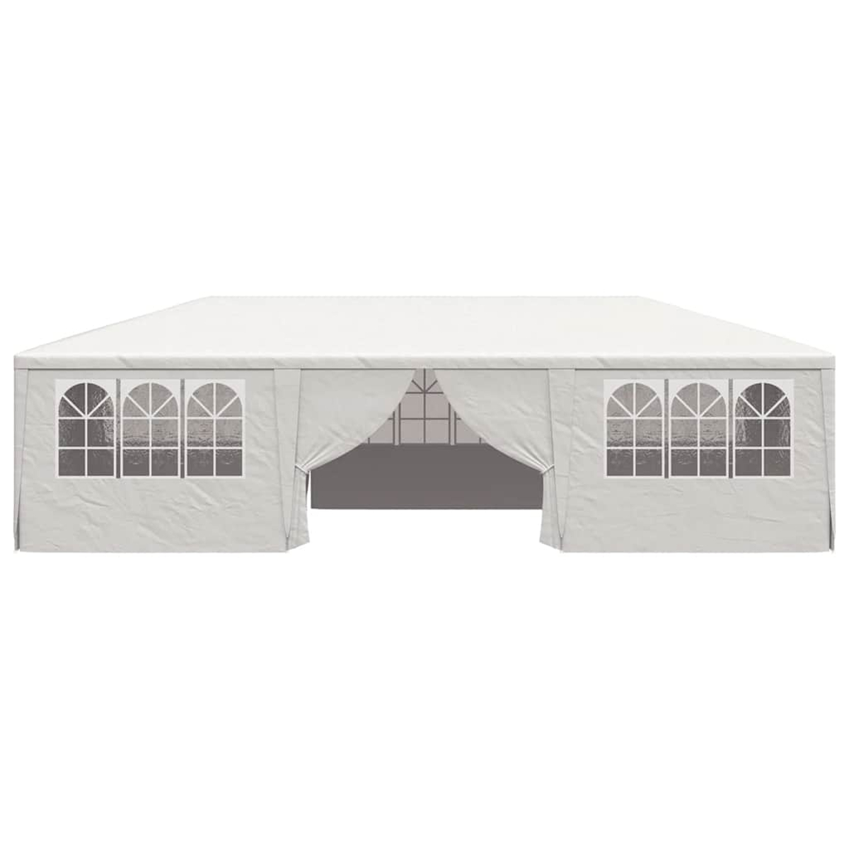 Una carpa blanca con ventanas arqueadas. Tiene una entrada abierta en el centro. El fondo es blanco liso.