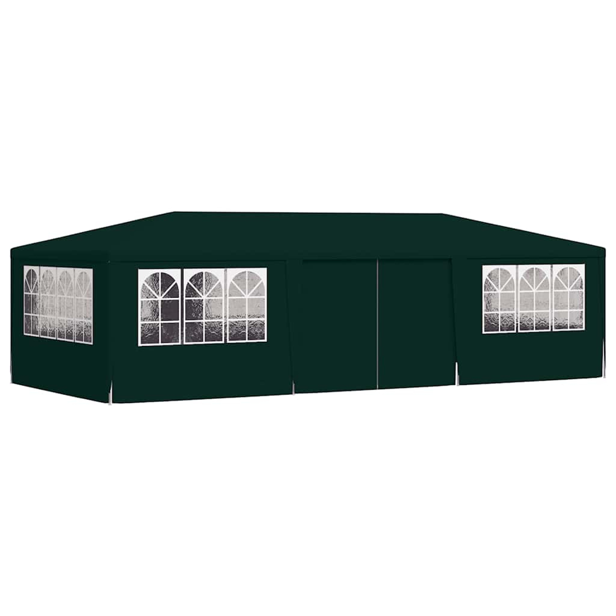 Una tenda rettangolare verde scuro con più finestre ad arco. La tenda ha un tetto piatto e una porta chiusa. Finestre con cornice bianca.