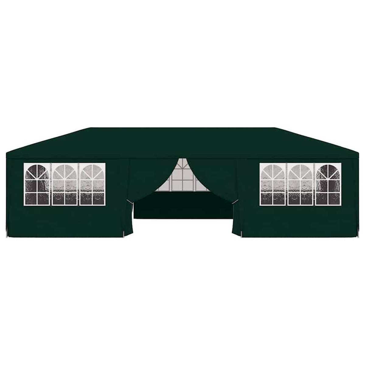 Una tenda verde scuro con finestre con cornice bianca. Ha un ingresso aperto. Le finestre sono ad arco e divise in pannelli.