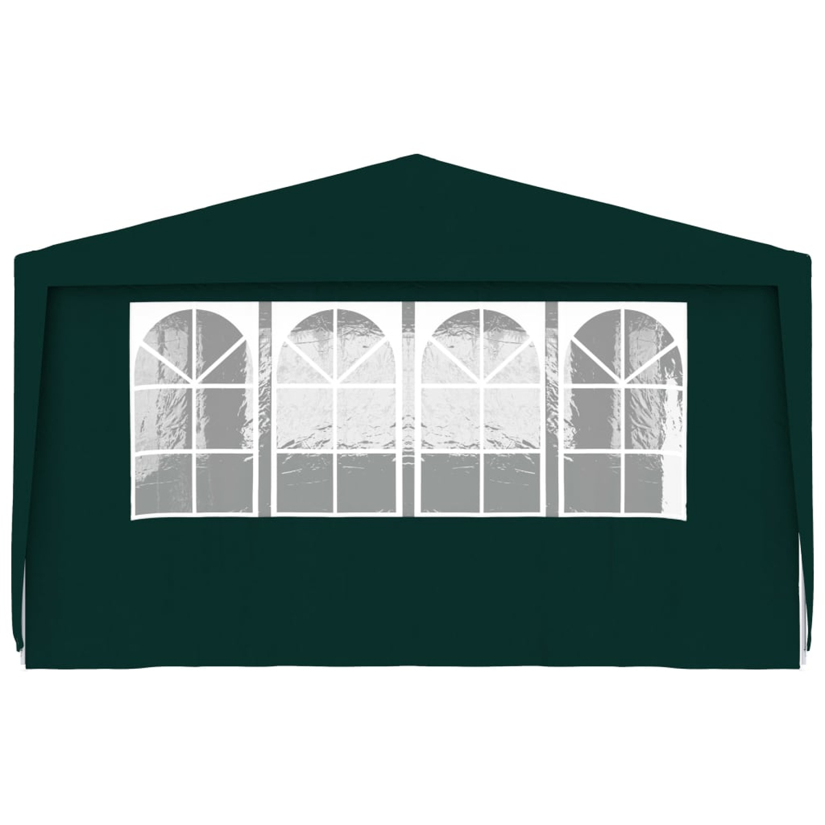 Una tenda verde scuro con quattro finestre ad arco. Ogni finestra ha telai bianchi. La tenda ha un tetto a punta.