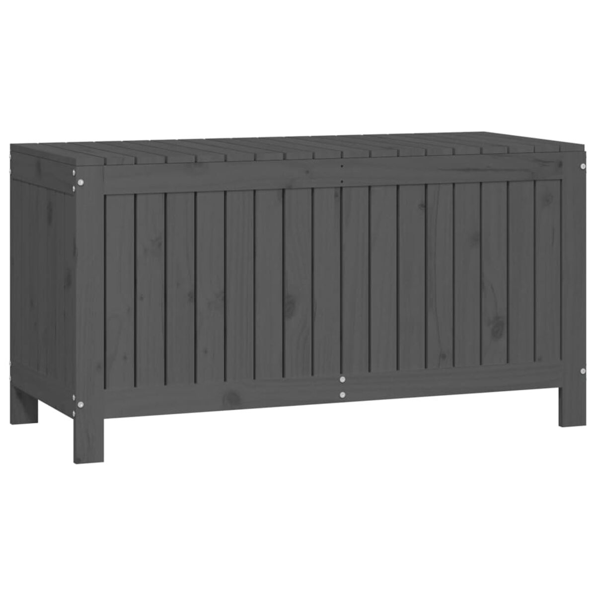 Un contenitore di legno grigio con coperchio su sfondo bianco. Ha assi verticali e quattro gambe corte.