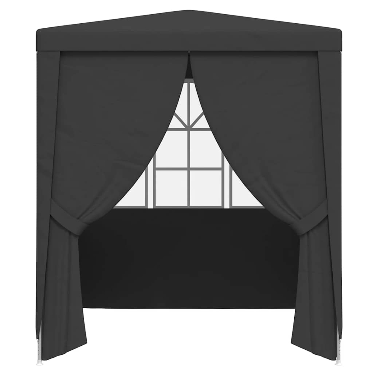 Un gazebo nero con tende legate, che mostra una finestra bianca con un motivo a griglia. Anche il tetto è nero.