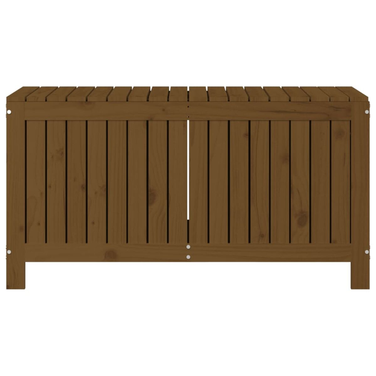 Una panca contenitore in legno marrone. Ha un piano a doghe e assi verticali sul davanti. Due porte sono al centro.