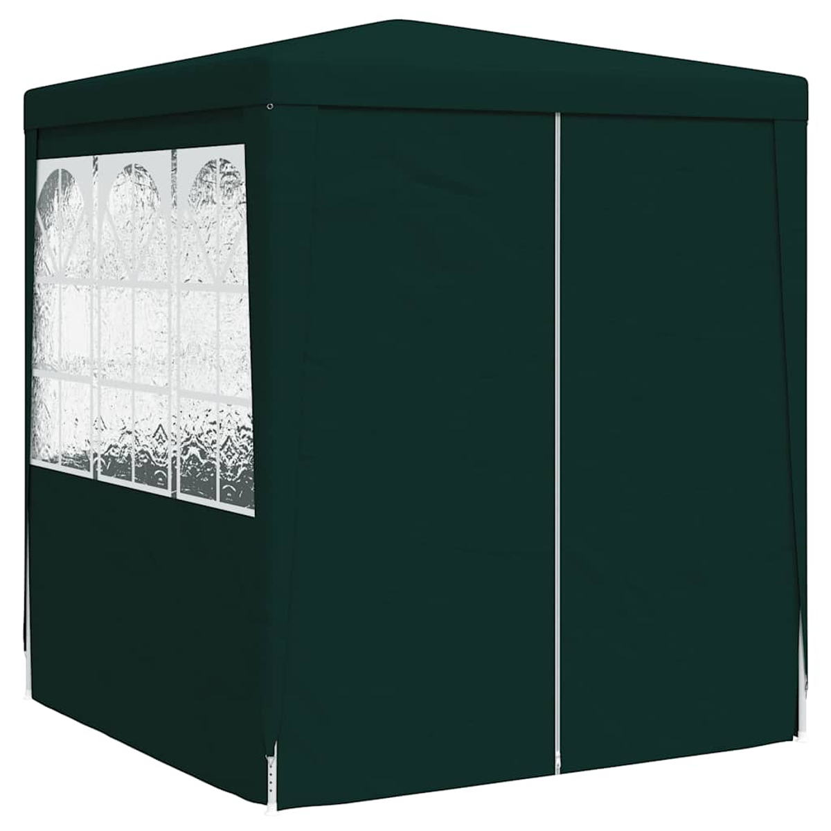 Una glorieta verde oscuro. Tiene una ventana a la izquierda. Una cremallera blanca recorre la parte delantera. El techo también es verde oscuro.