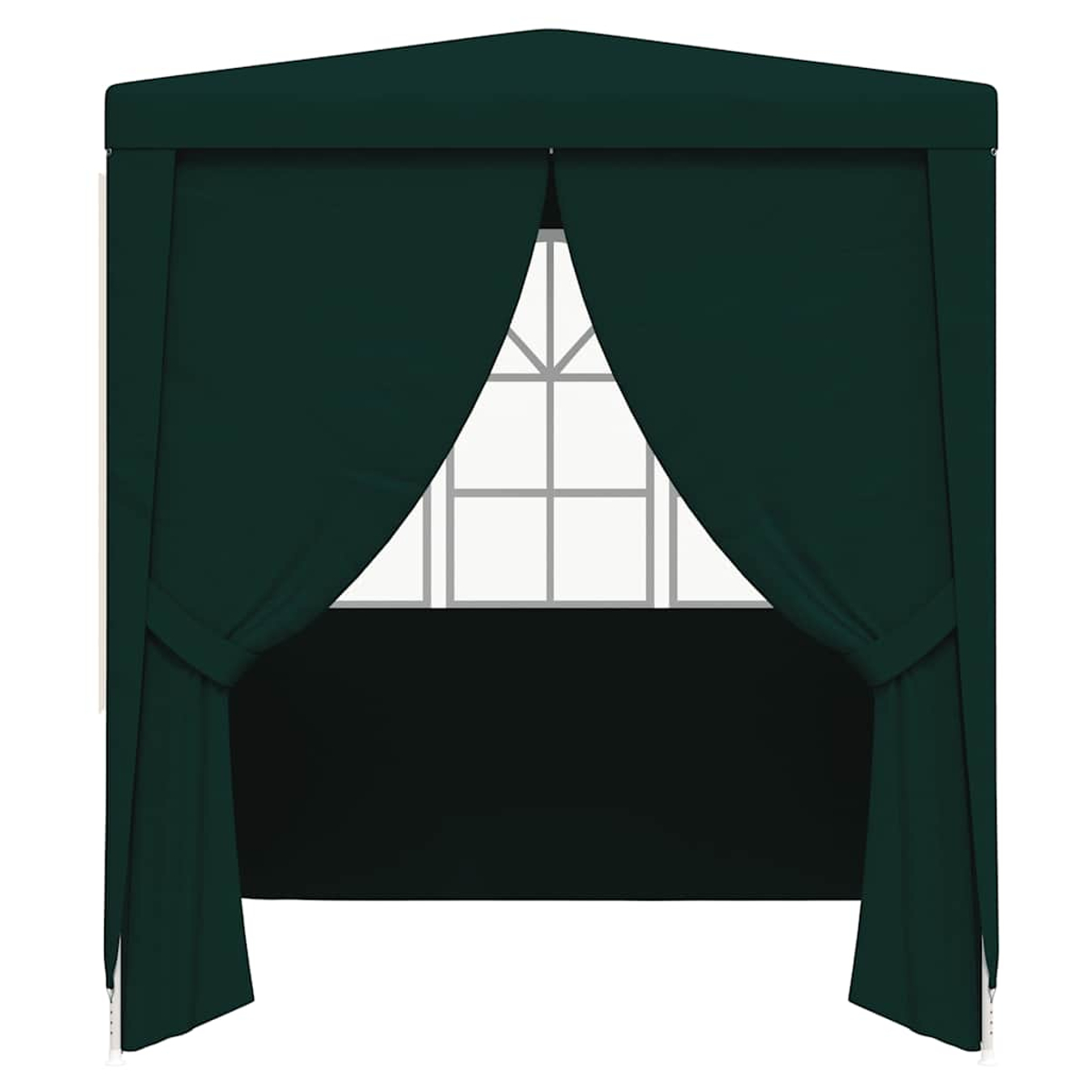 Una glorieta verde oscuro. Las cortinas están atadas para revelar una ventana blanca. El marco es blanco. El fondo es oscuro.