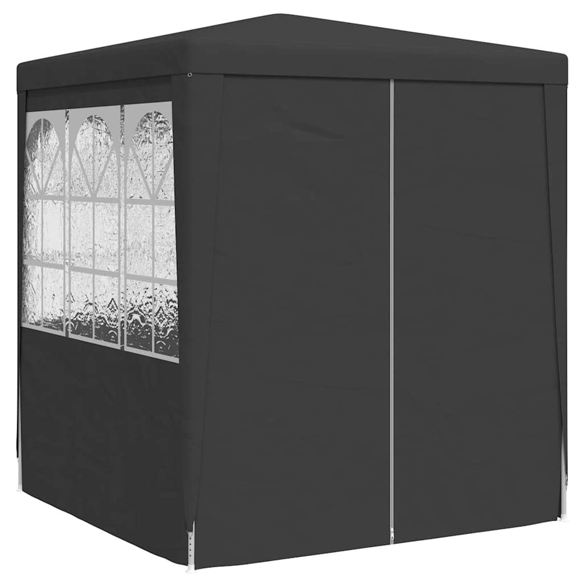 Un gazebo grigio scuro con una finestra a sinistra. La finestra ha piccoli pannelli. Il lato destro è una parete solida con cerniera.