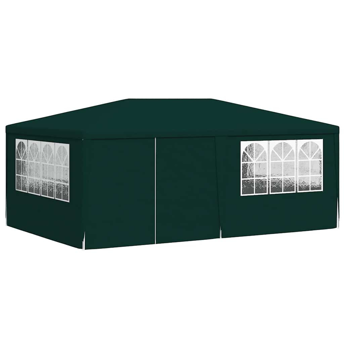 Un gazebo verde scuro. Ha finestre con cornice bianca e archi superiori. La struttura è rettangolare con un tetto piatto.