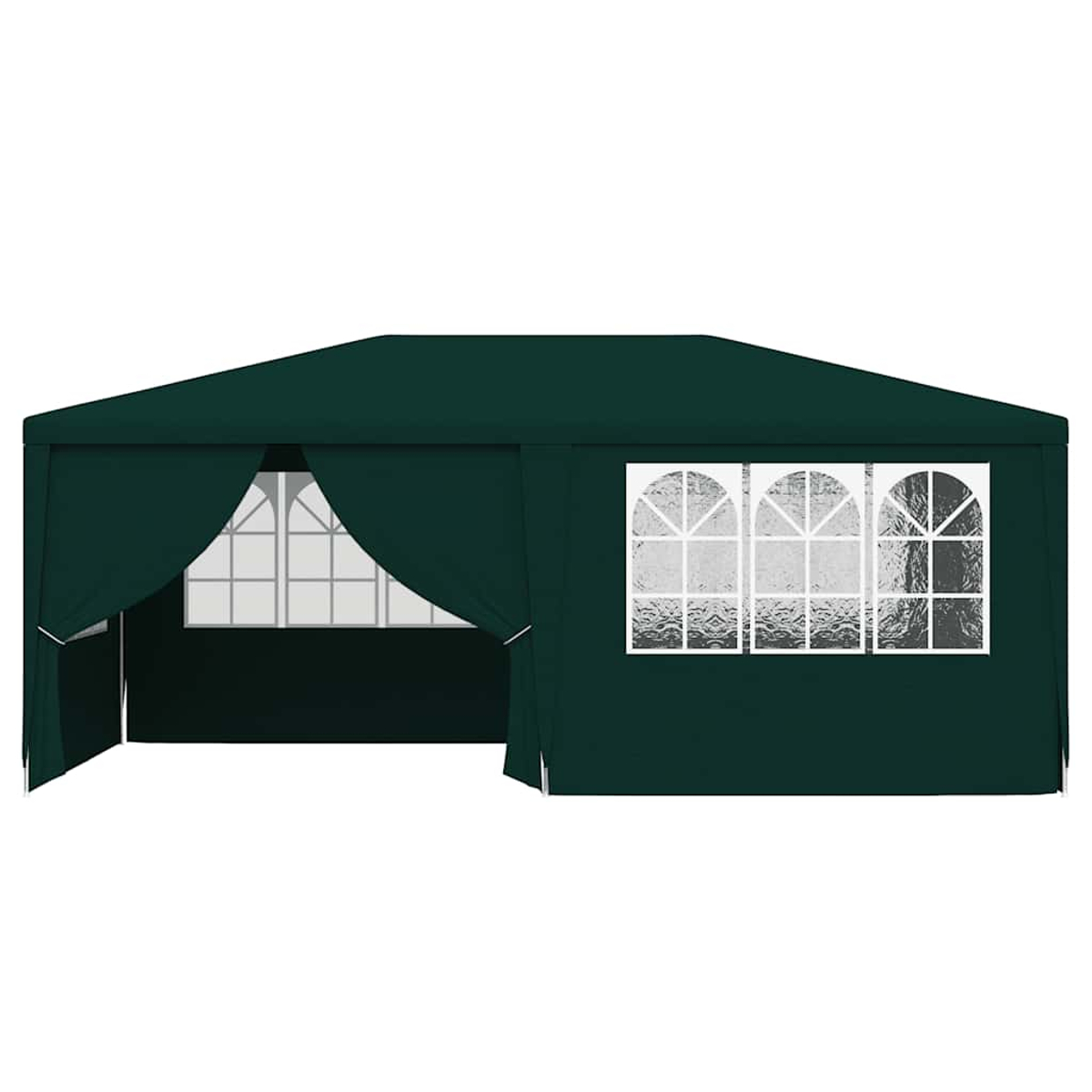 Gazebo verde scuro con finestre con cornice bianca. Tende tirate su un lato, il tetto è di un verde più scuro.