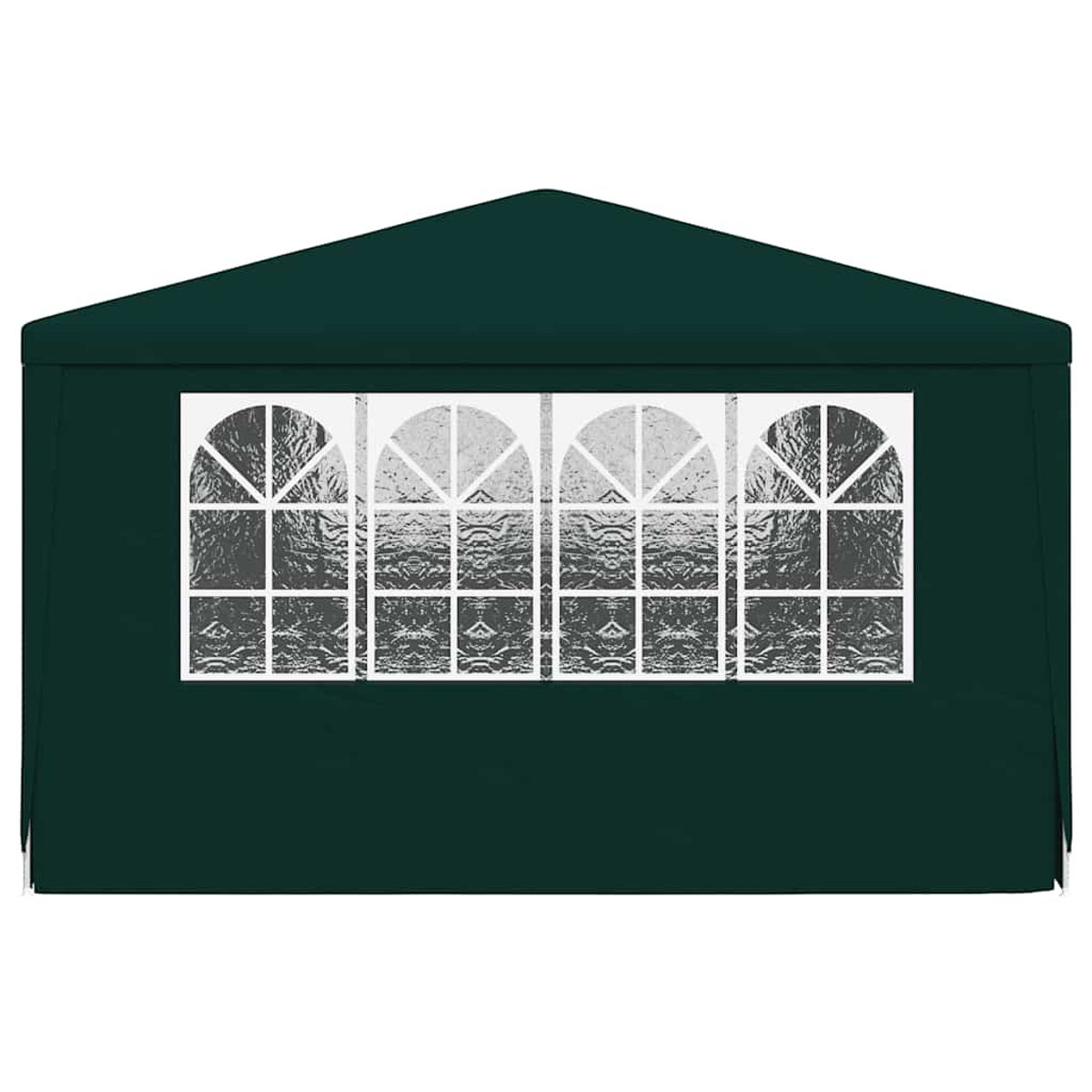Una tenda da esterno verde scuro con finestre ad arco con cornice bianca. La tenda ha un tetto triangolare e una sezione inferiore solida e opaca.