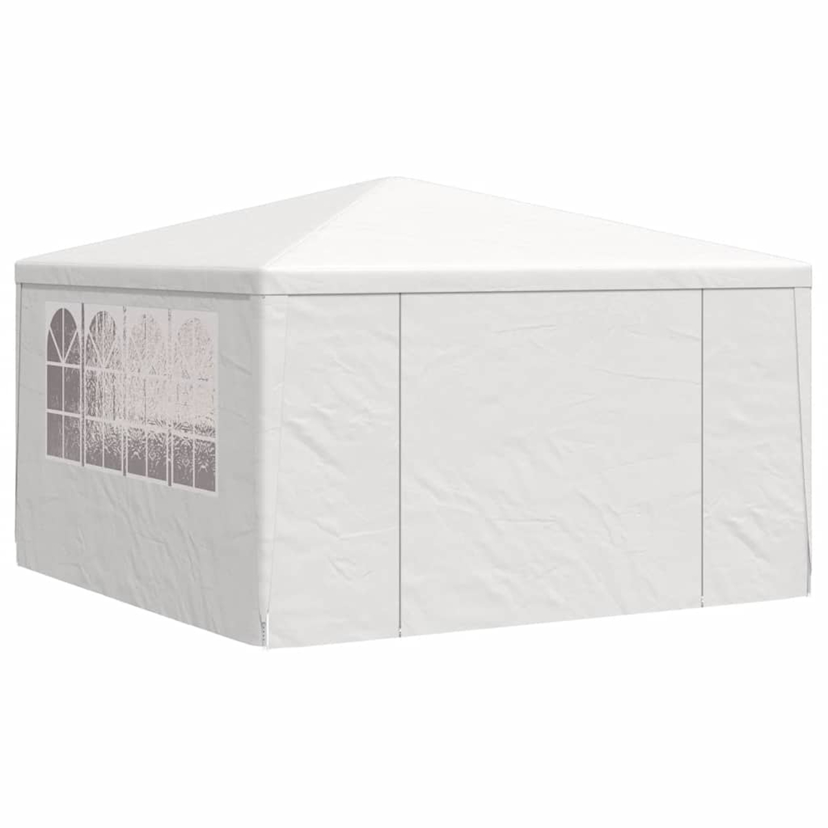Un gazebo bianco con tetto piramidale. Ha una finestra con vetri ad arco. La struttura è in tessuto bianco.