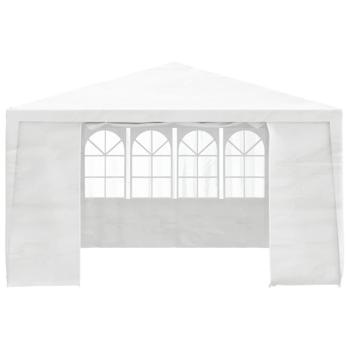 Gazebo bianco con finestre ad arco. Ha un tetto triangolare e lati aperti. Le finestre hanno una griglia.
