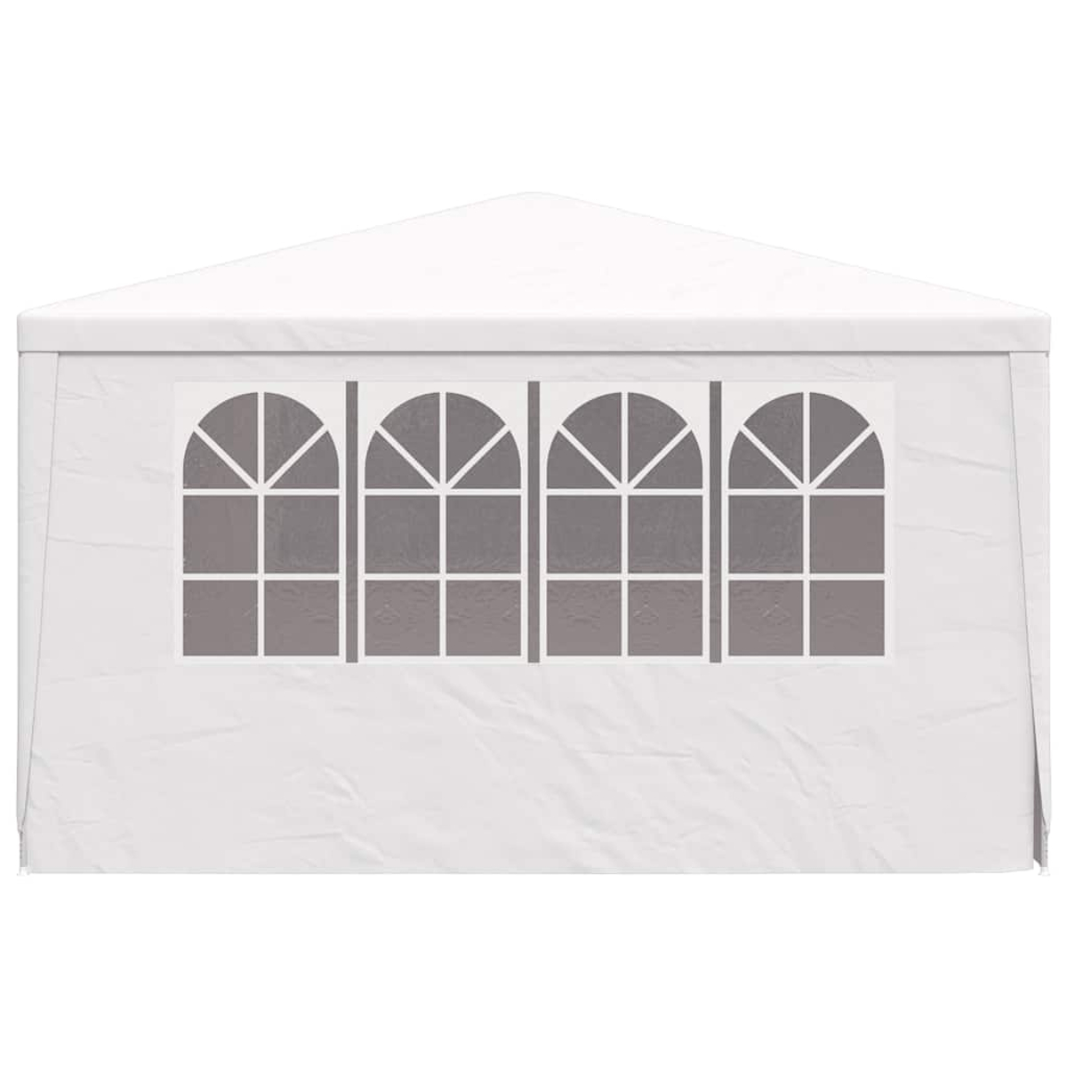 Parete tenda bianca con quattro finestre rettangolari ad arco con griglie.