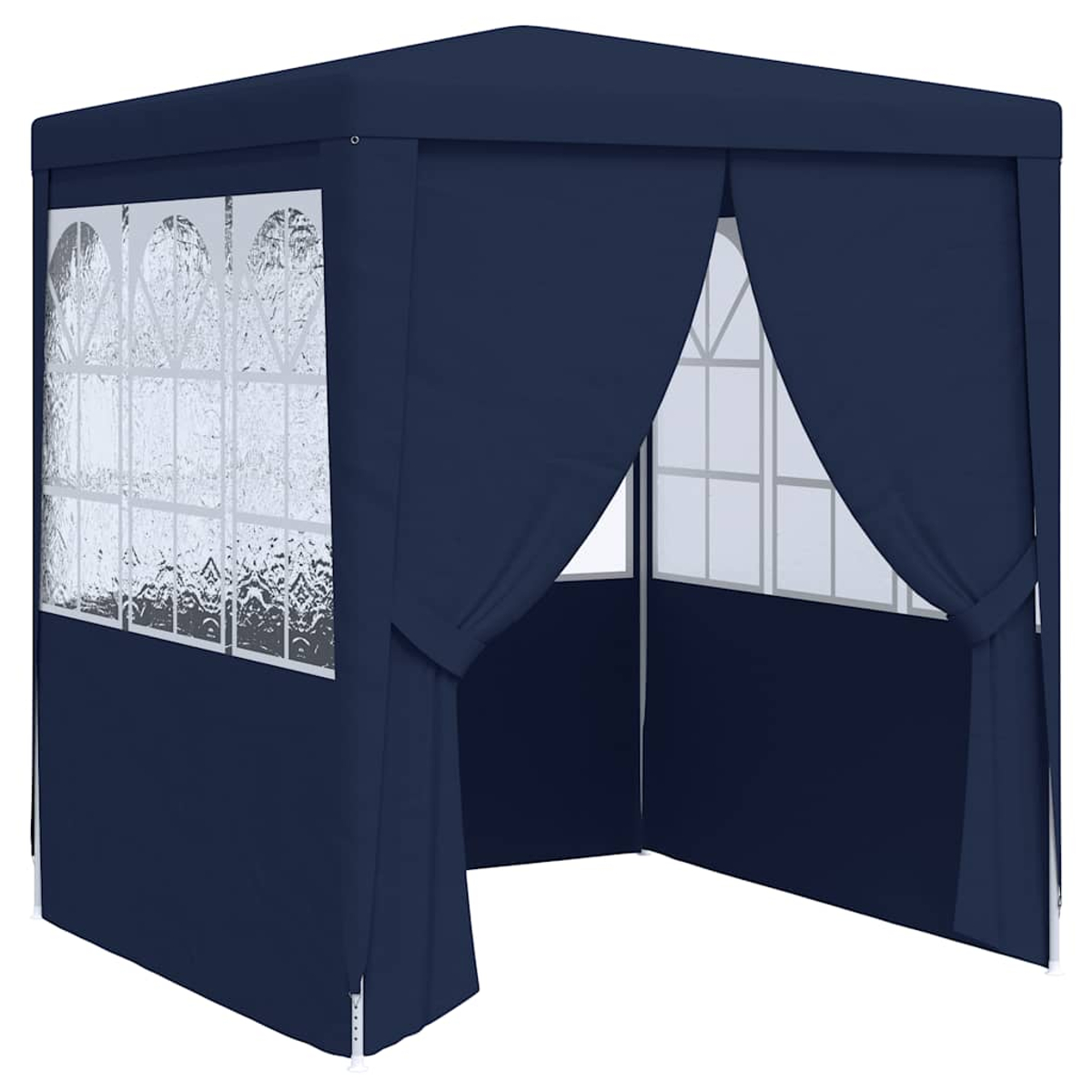Un gazebo blu navy con finestre. Le tende sono tirate indietro per rivelare un ingresso aperto. Sono visibili finestre con cornice bianca.
